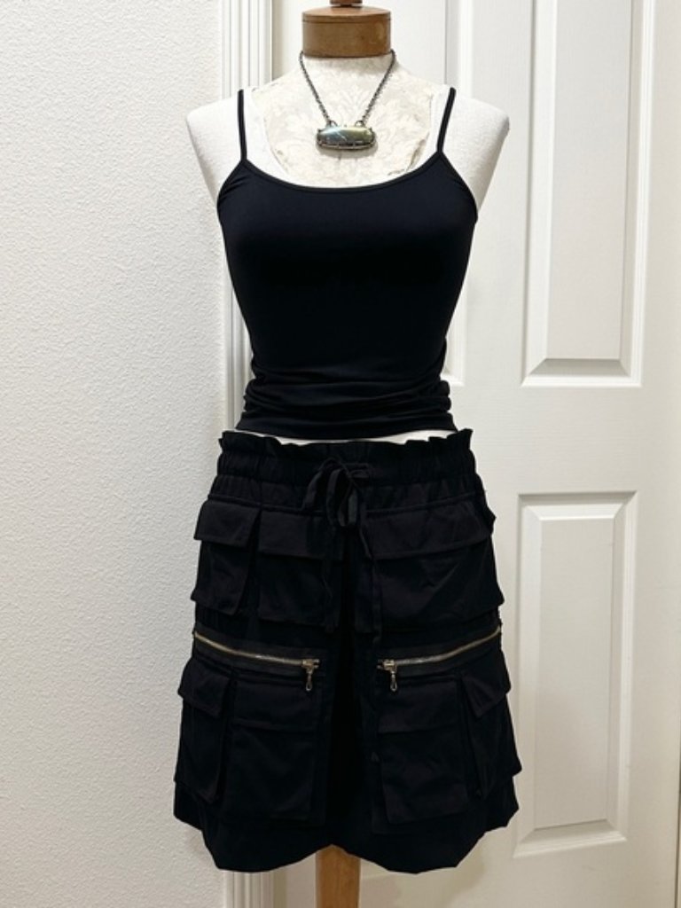 Vivienne Tam Black Crepe Multi-Pocket Cargo Skirt W/Drawstring Waist - L